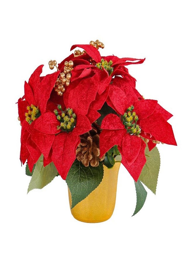 DULRLLY Artificial Christmas Flowers - 7 Heads Faux Red Poinsettia Plants in Pots - Fake Poinsettia Bonsai Christmas Arrangement for Home, Office, Garden Party Decor (1 Pcs) - Image 1